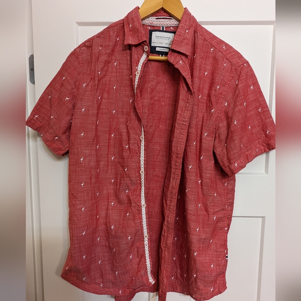 Red flamingo short sleeve button up